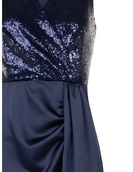 Robe longue avec corsage à paillettes et jupe en satin, encolure en V croisée, style Rinascimento