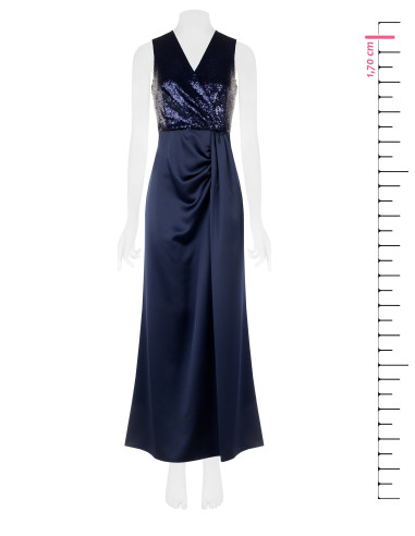 Long dress with sequinned bodice and satin skirt, featuring a crossover V-neckline, Rinascimento style