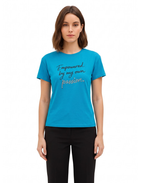 T-Shirt Regular In Cotone Con Slogan E Strass Rinascimento