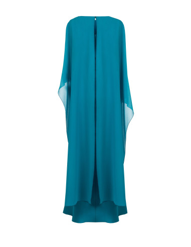 Long, flowing dress in structured satin with a Rinascimento-style georgette cape