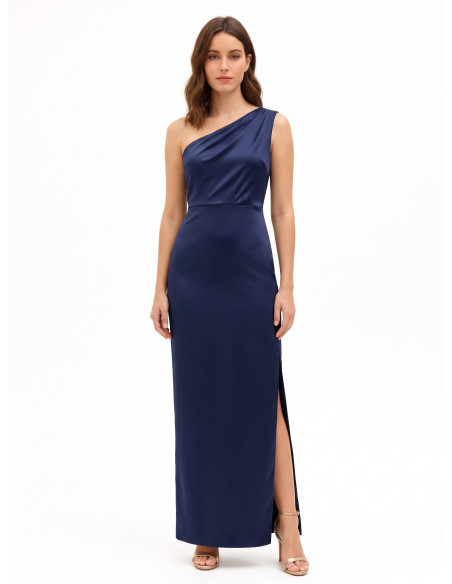 Rinascimento-style long structured satin dress with draping and a side slit