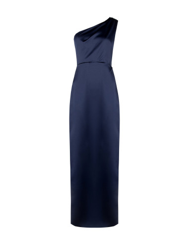 Rinascimento-style long structured satin dress with draping and a side slit