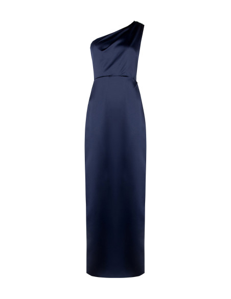 Rinascimento-style long structured satin dress with draping and a side slit