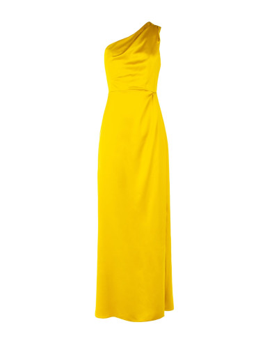 Rinascimento-style long structured satin dress with draping and a side slit