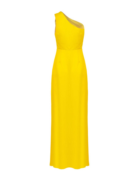 Rinascimento-style long structured satin dress with draping and a side slit