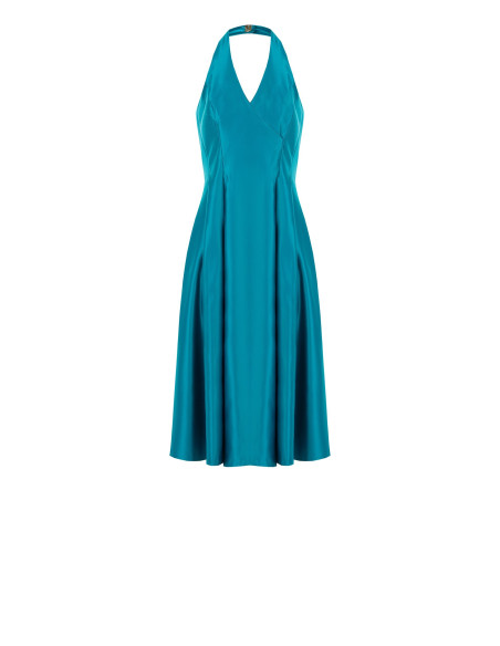 Robe midi en satin structuré « Duchesse » avec poches et encolure en V croisée « Rinascimento »