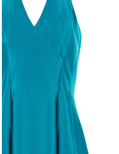 Duchesse Structured Satin Midi Dress with Pockets and a Cross-Over V-Neck by Rinascimento