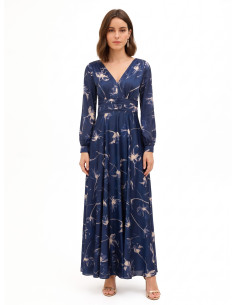 Robe longue en satin à grands motifs floraux, froncée à la taille, avec double encolure en V de style Rinascimento