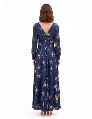 Long satin dress with large floral print, gathered at the waist, featuring a double Rinascimento-style V-neck