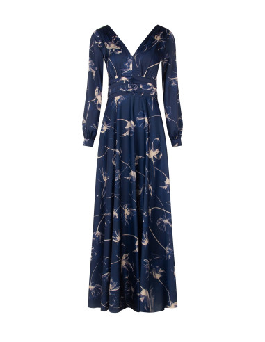 Long satin dress with large floral print, gathered at the waist, featuring a double Rinascimento-style V-neck