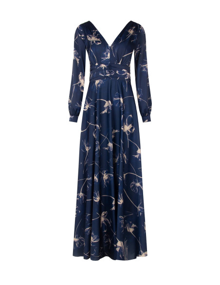 Robe longue en satin à grands motifs floraux, froncée à la taille, avec double encolure en V de style Rinascimento