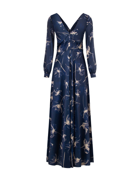 Robe longue en satin à grands motifs floraux, froncée à la taille, avec double encolure en V de style Rinascimento