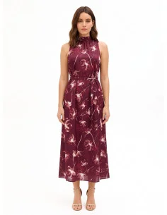 Robe midi en satin à grands motifs floraux, avec encolure et nœud dans le dos, style Rinascimento