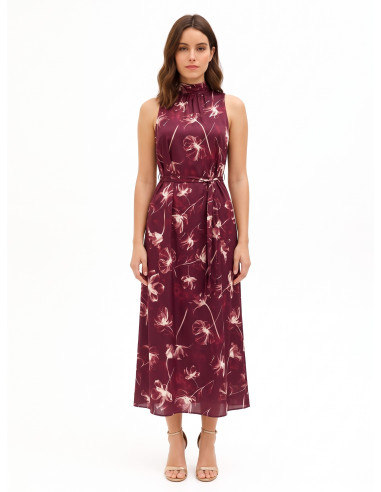 Robe midi en satin à grands motifs floraux, avec encolure et nœud dans le dos, style Rinascimento