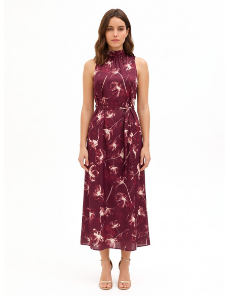 Robe midi en satin à grands motifs floraux, avec encolure et nœud dans le dos, style Rinascimento