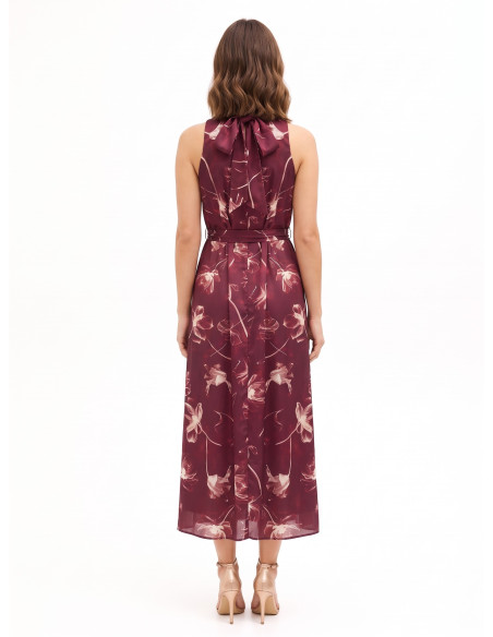 Rinascimento-style midi dress in satin with large floral print, neckline and bow at the back