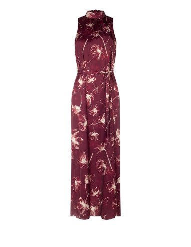 Rinascimento-style midi dress in satin with large floral print, neckline and bow at the back