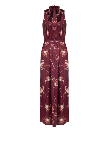 Robe midi en satin à grands motifs floraux, avec encolure et nœud dans le dos, style Rinascimento