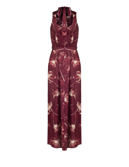 Rinascimento-style midi dress in satin with large floral print, neckline and bow at the back