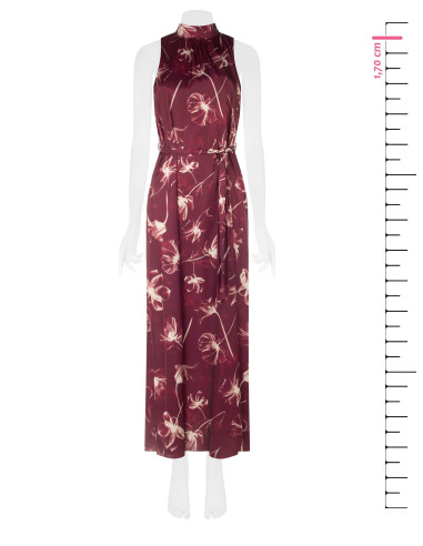 Rinascimento-style midi dress in satin with large floral print, neckline and bow at the back