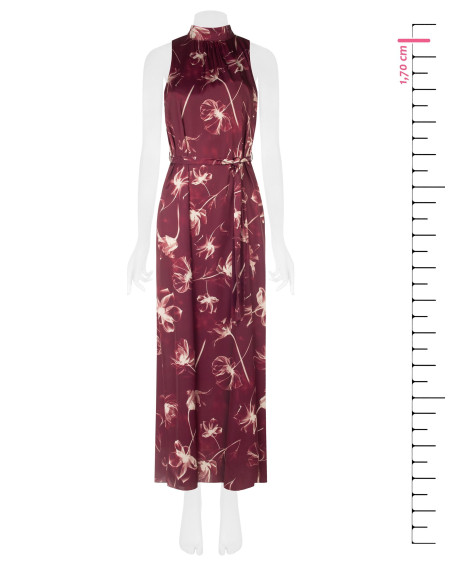 Rinascimento-style midi dress in satin with large floral print, neckline and bow at the back