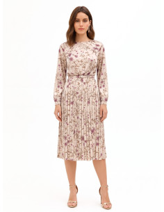 Floral Satin Midi Dress with Pleated Skirt and Matching Rigid Thin Belt by Rinascimento