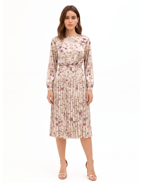 Abito Midi In Raso A Fiori Con Gonna Plissé E Cintura Sottile Rigida Coordinata Rinascimento