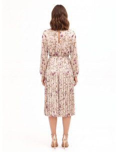 Robe midi en satin à fleurs, avec jupe plissée et ceinture fine et rigide assortie, collection Rinascimento 2