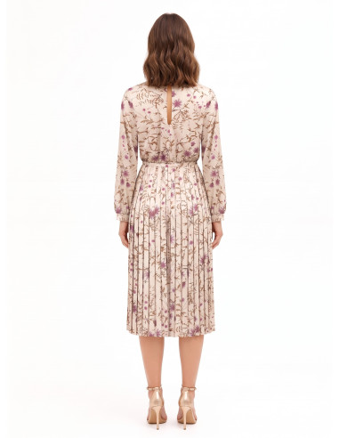 Robe midi en satin à fleurs, avec jupe plissée et ceinture fine et rigide assortie, collection Rinascimento