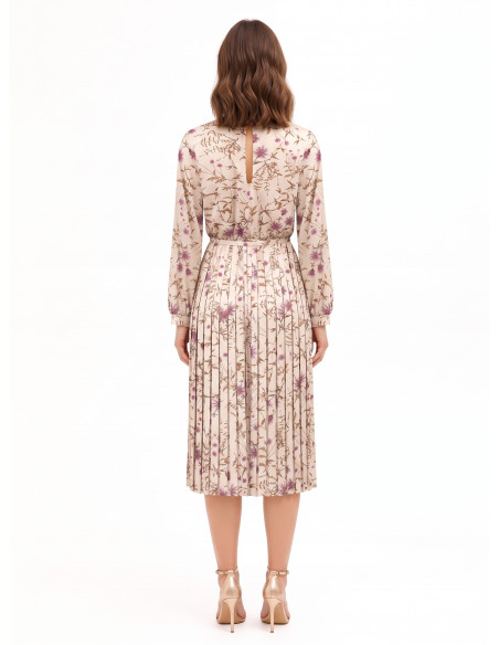 Robe midi en satin à fleurs, avec jupe plissée et ceinture fine et rigide assortie, collection Rinascimento