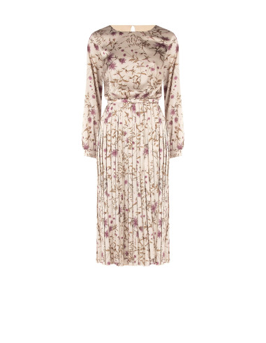 Abito Midi In Raso A Fiori Con Gonna Plissé E Cintura Sottile Rigida Coordinata Rinascimento