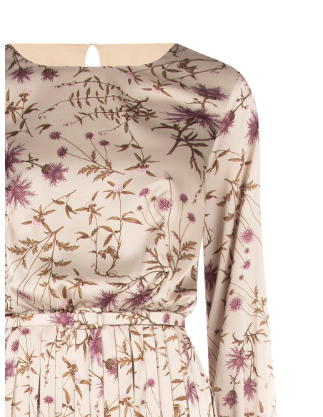 Abito Midi In Raso A Fiori Con Gonna Plissé E Cintura Sottile Rigida Coordinata Rinascimento