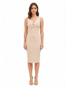 Scuba crepe sheath dress with double V-neckline and decorative ‘Rinascimento’ brooch