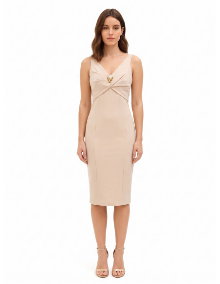 Robe fourreau en crêpe scuba avec double encolure en V et broche décorative « Rinascimento »