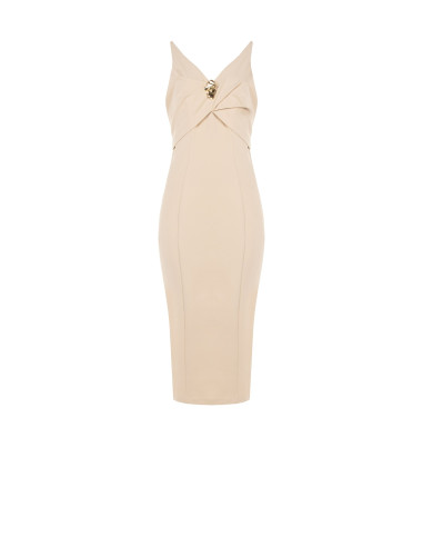 Scuba crepe sheath dress with double V-neckline and decorative ‘Rinascimento’ brooch