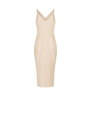 Scuba crepe sheath dress with double V-neckline and decorative ‘Rinascimento’ brooch