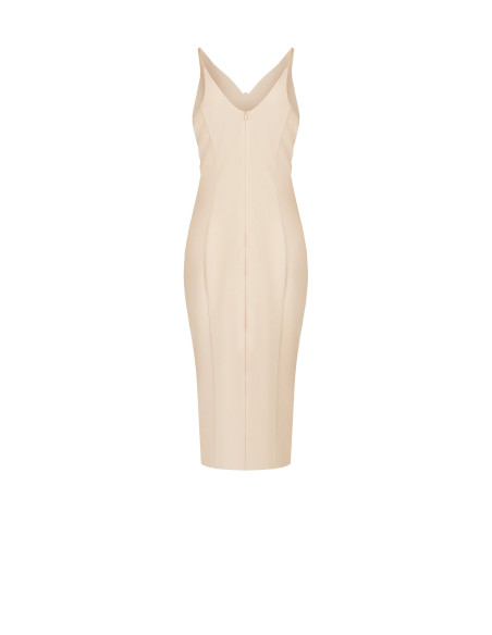 Scuba crepe sheath dress with double V-neckline and decorative ‘Rinascimento’ brooch
