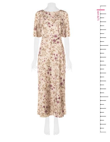 Robe longue en satin à fleurs, froncée sur les hanches, style Rinascimento