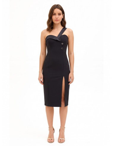 Technical-fabric sheath dress with satin straps and neckline by Rinascimento