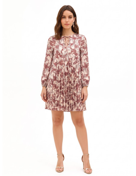 Robe courte ample plissée en satin à imprimé paisley et encolure à lacets « Rinascimento »