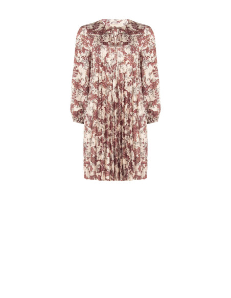 Loose-fitting, short, pleated satin dress with a paisley print and a Rinascimento-style neckline with ties