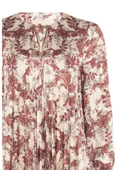 Loose-fitting, short, pleated satin dress with a paisley print and a Rinascimento-style neckline with ties