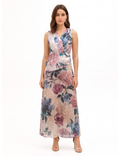 Long Dress with a Satin Bodice and a Floral Georgette Skirt in the Rinascimento Style