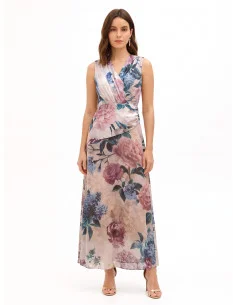 Long Dress with a Satin Bodice and a Floral Georgette Skirt in the Rinascimento Style