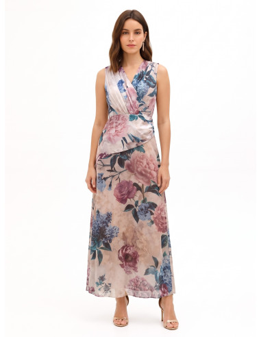 Long Dress with a Satin Bodice and a Floral Georgette Skirt in the Rinascimento Style