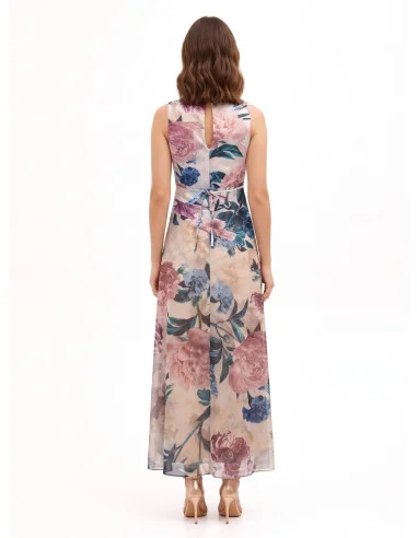 Abito Lungo Con Corpetto In Raso E Gonna In Georgette A Fiori Rinascimento