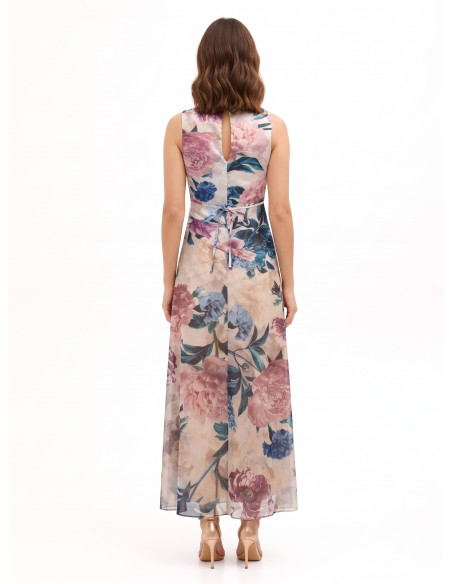Long Dress with a Satin Bodice and a Floral Georgette Skirt in the Rinascimento Style