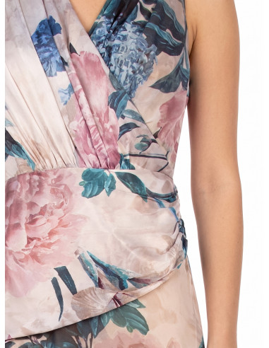 Robe longue avec corsage en satin et jupe en georgette à motifs floraux « Rinascimento »