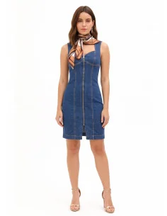 Abito Aderente In Denim Con Zip Frontale E Foulard Abbinato Rinascimento