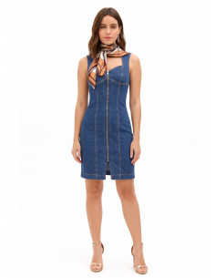 Fitted Denim Dress with Front Zip and Matching Scarf by Rinascimento